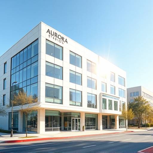 Photo of Aurora Studios' modern office building in Techville, California